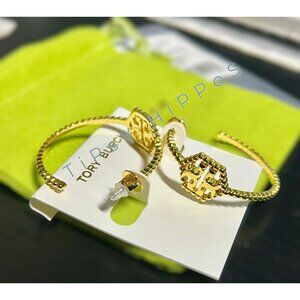 Tory Burch Gold Hexagon Logo Beaded Hoop Earrings!  PERFECT XMAS PRESENT!